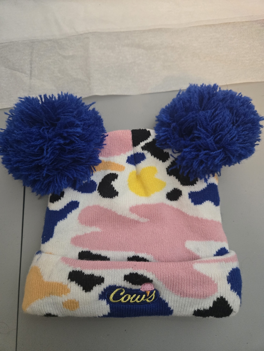 Kids Double Pom Beanie - Pink, Blue & Yellow Camo